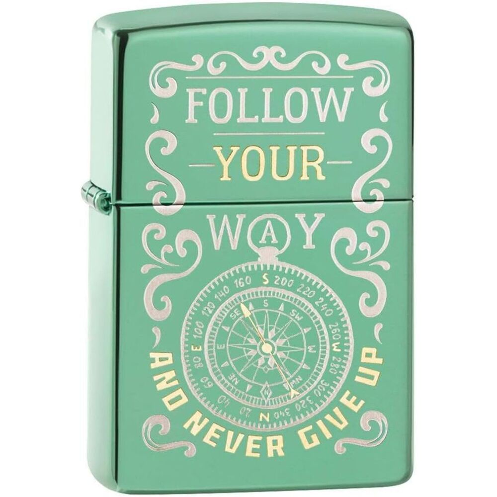 Zippo Follow Your Way Compass Design High Polish Green Pocket Lighter